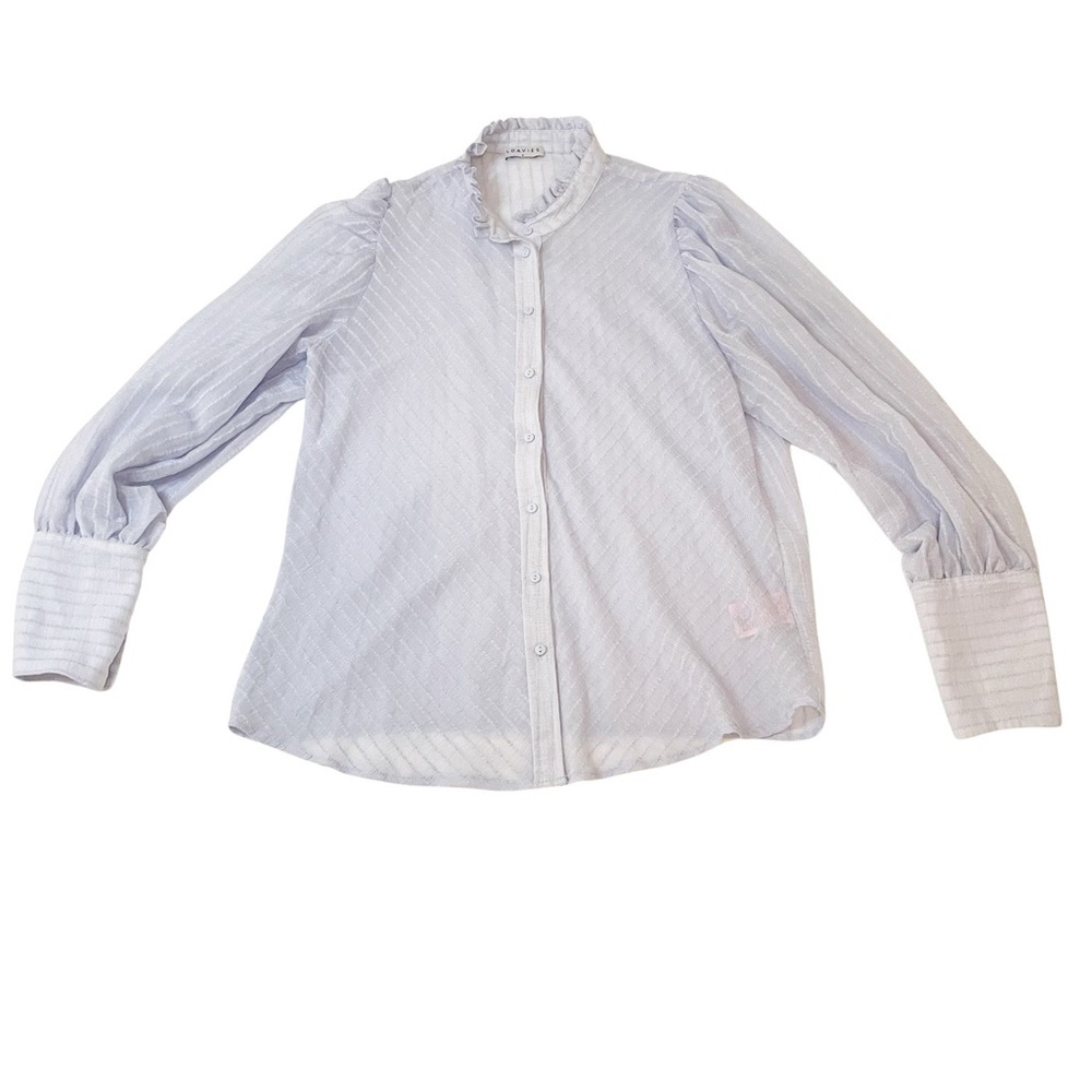 Loavies Women's Blouse Button Down Sheer Flowy Ruffle Collar Light‎ Blue Size M